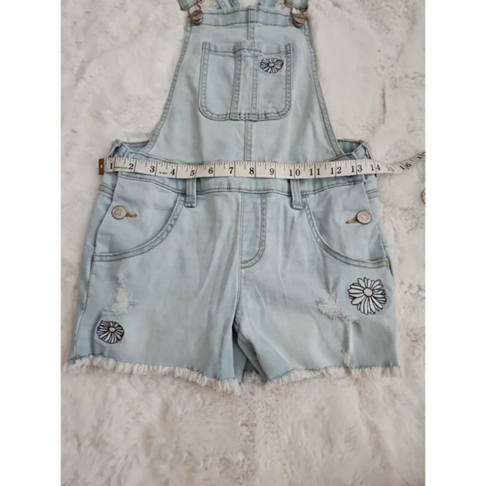 Justice Girls Size 12 Daisy Embroidered Denim Shortalls Light Wash Distressed